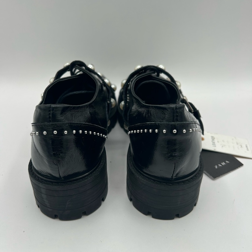 Zara Women’s Patent Leather Studded Pearl Oxford Loafer Shoe Size 36 ( USA 6 ) - Picture 3 of 11